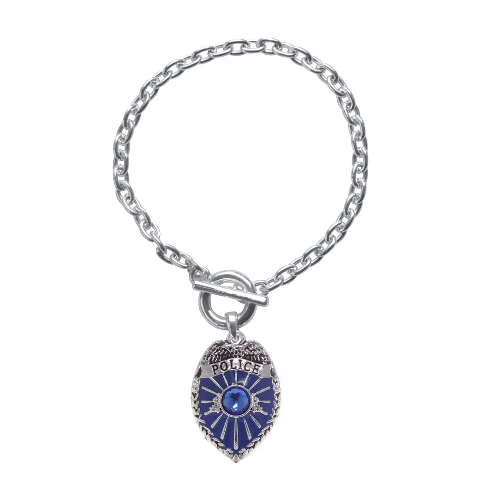 Silver Blue Police Badge Charm Toggle Bracelet