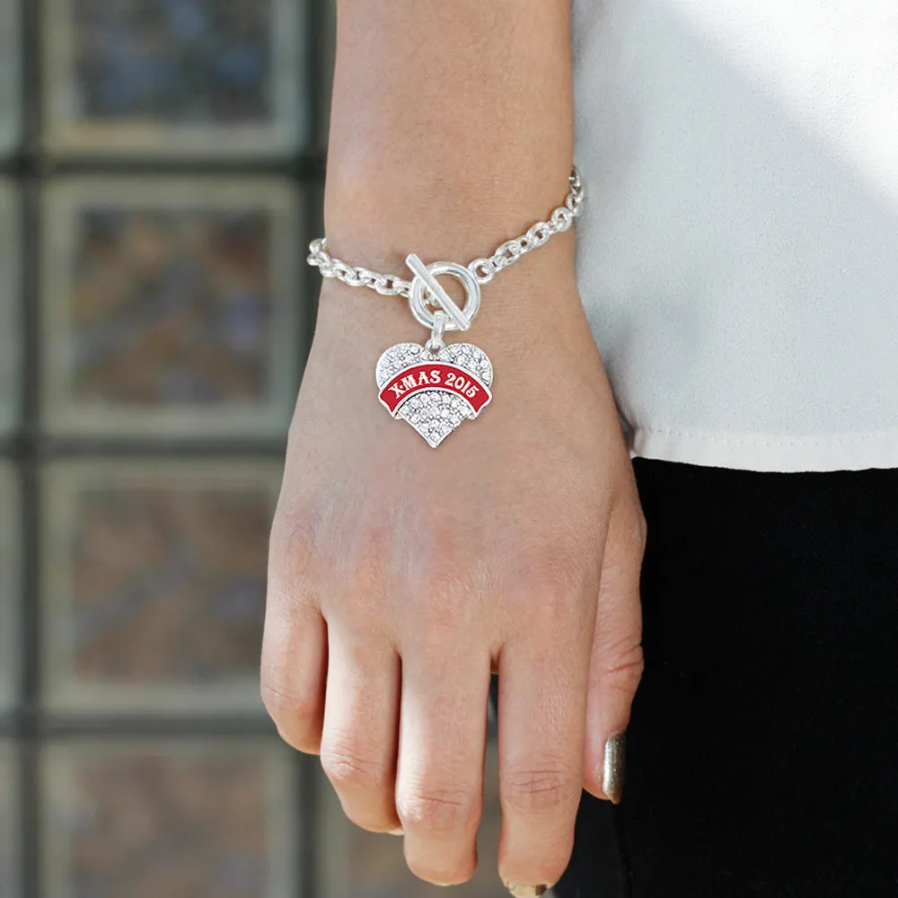 Silver Red Banner X-mas 2016 Pave Heart Charm Toggle Bracelet
