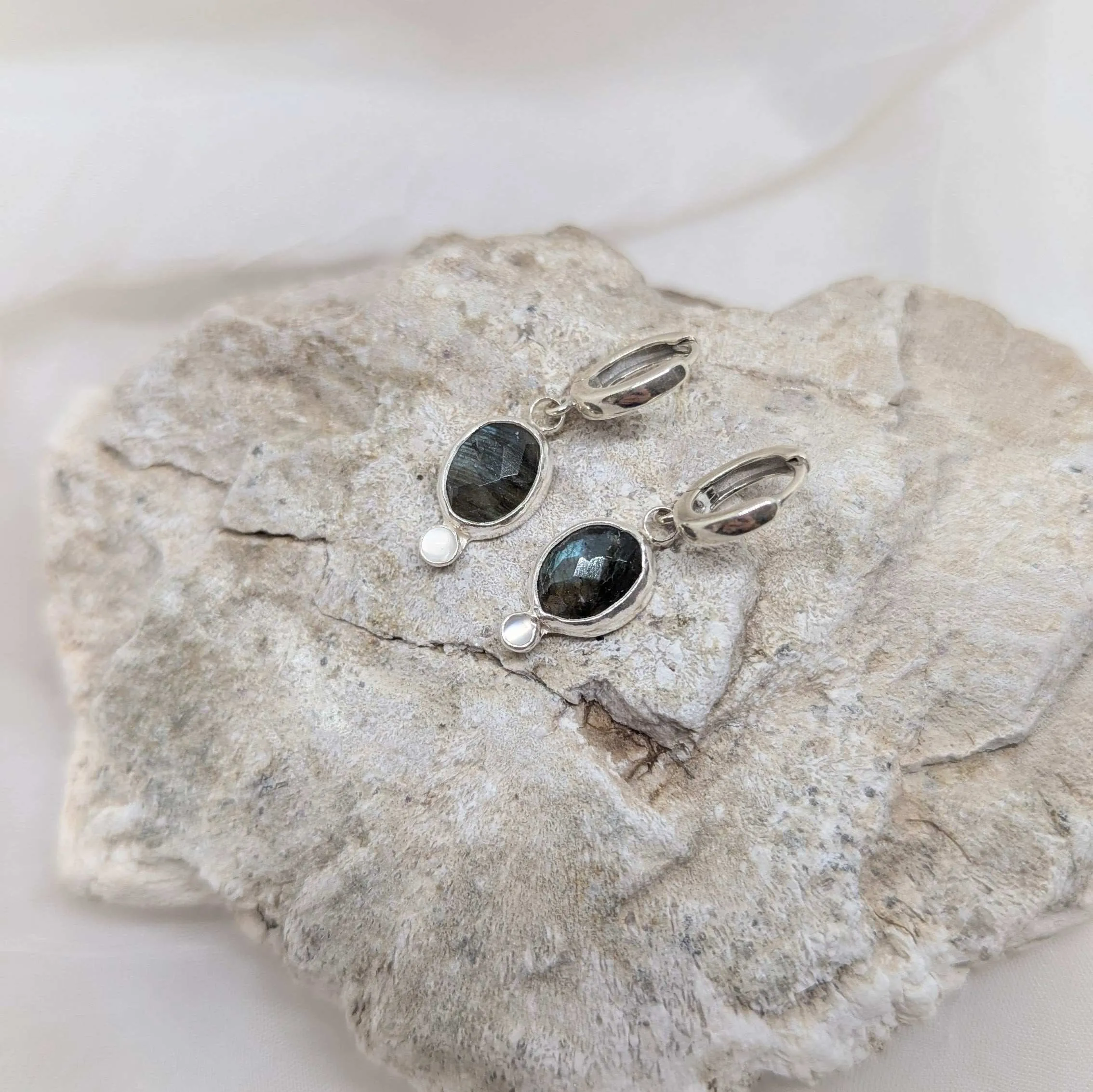 small huggie labradorite & moonstone earrings