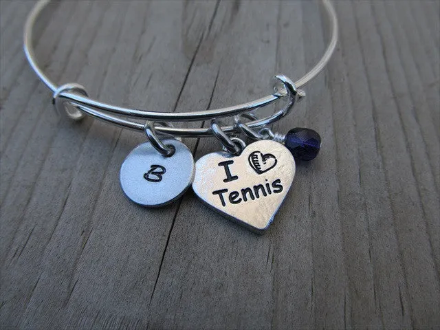 Tennis Charm Bracelet -Adjustable Bangle Bracelet with an Initial Charm and Accent Bead of your choice