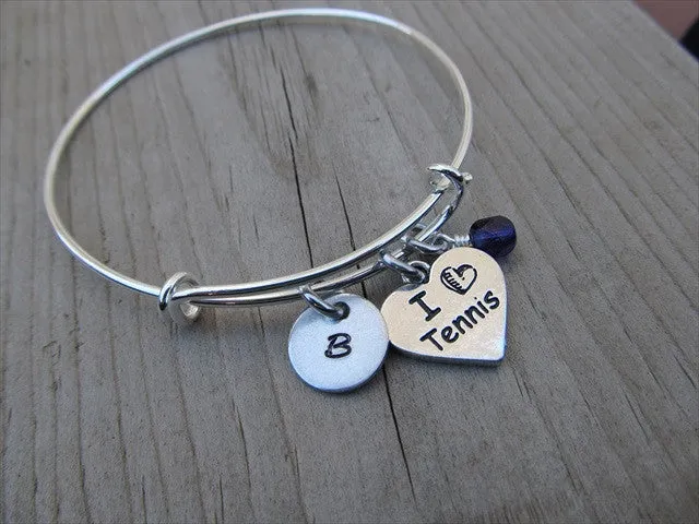 Tennis Charm Bracelet -Adjustable Bangle Bracelet with an Initial Charm and Accent Bead of your choice