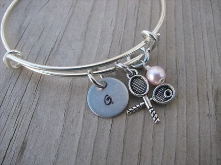 Tennis Charm Bracelet- Adjustable Bangle Bracelet with an Initial Charm and an Accent bead of your choice
