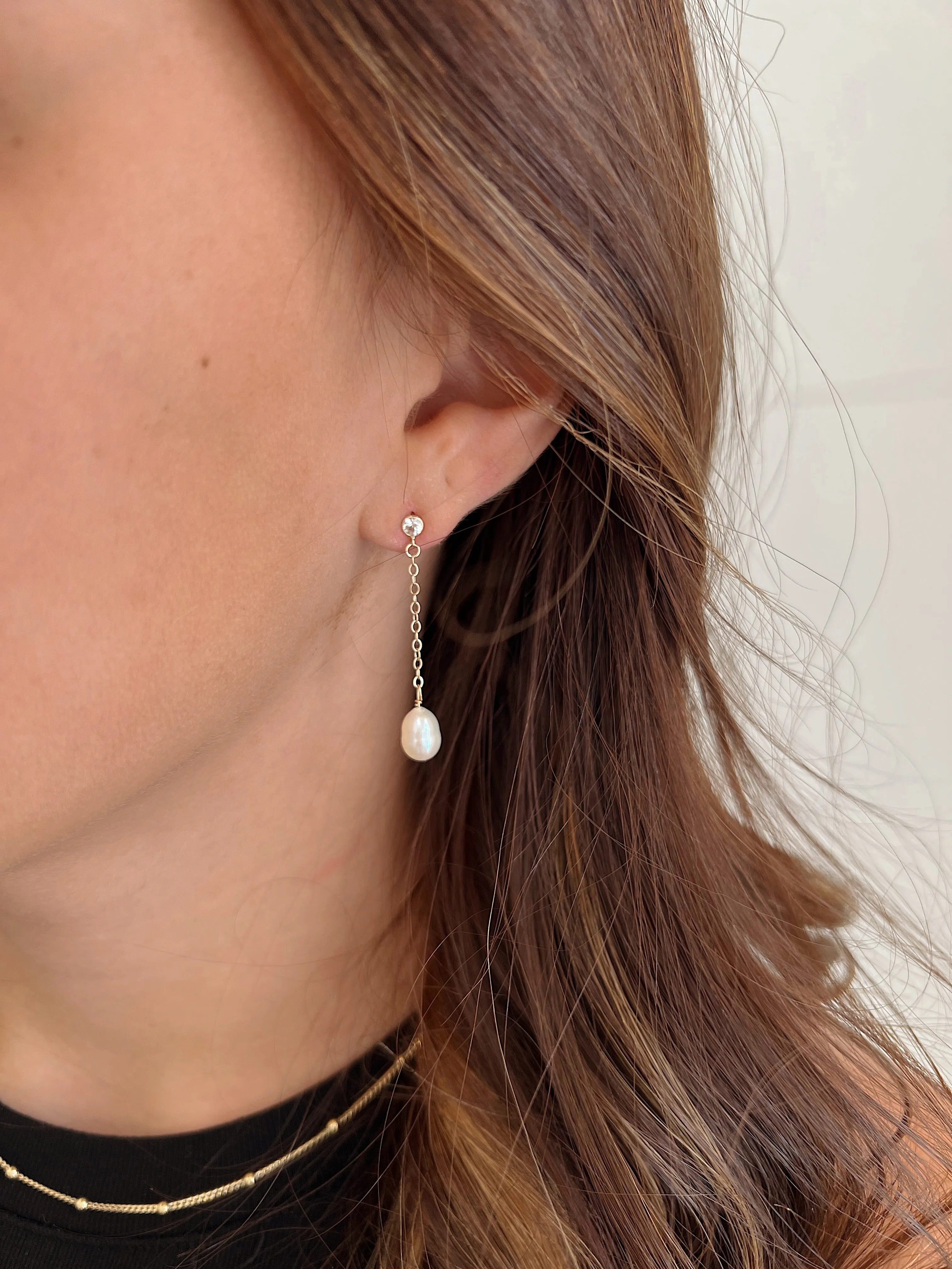 White Sapphire Pearl Drop Earrings